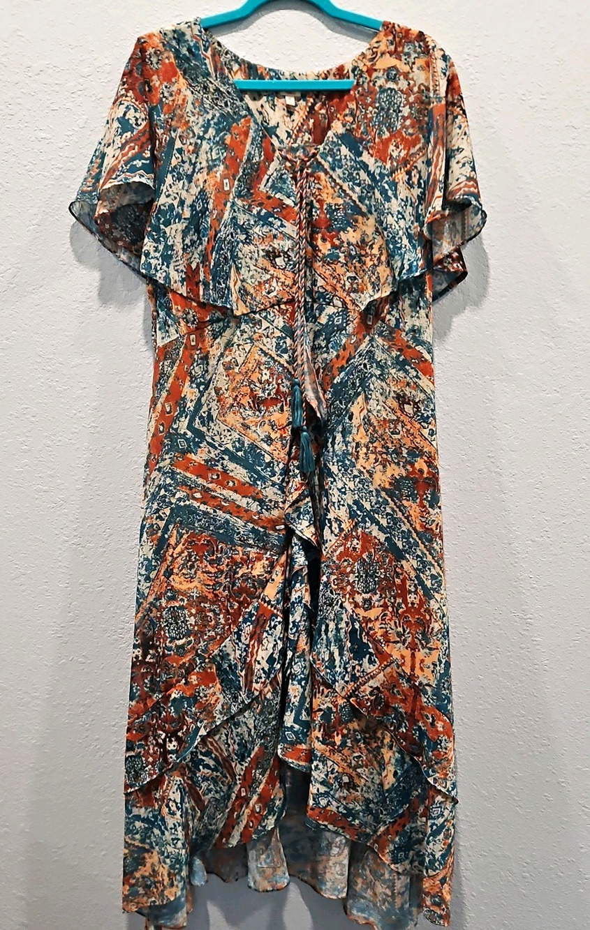 Reba Women's XL Geometric Blue Orange Wrap Dress V-Neck Flutter Sleeve Midi